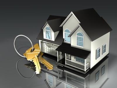 3d illustration of a house with a set of brass keys on a keyring sitting in front of it